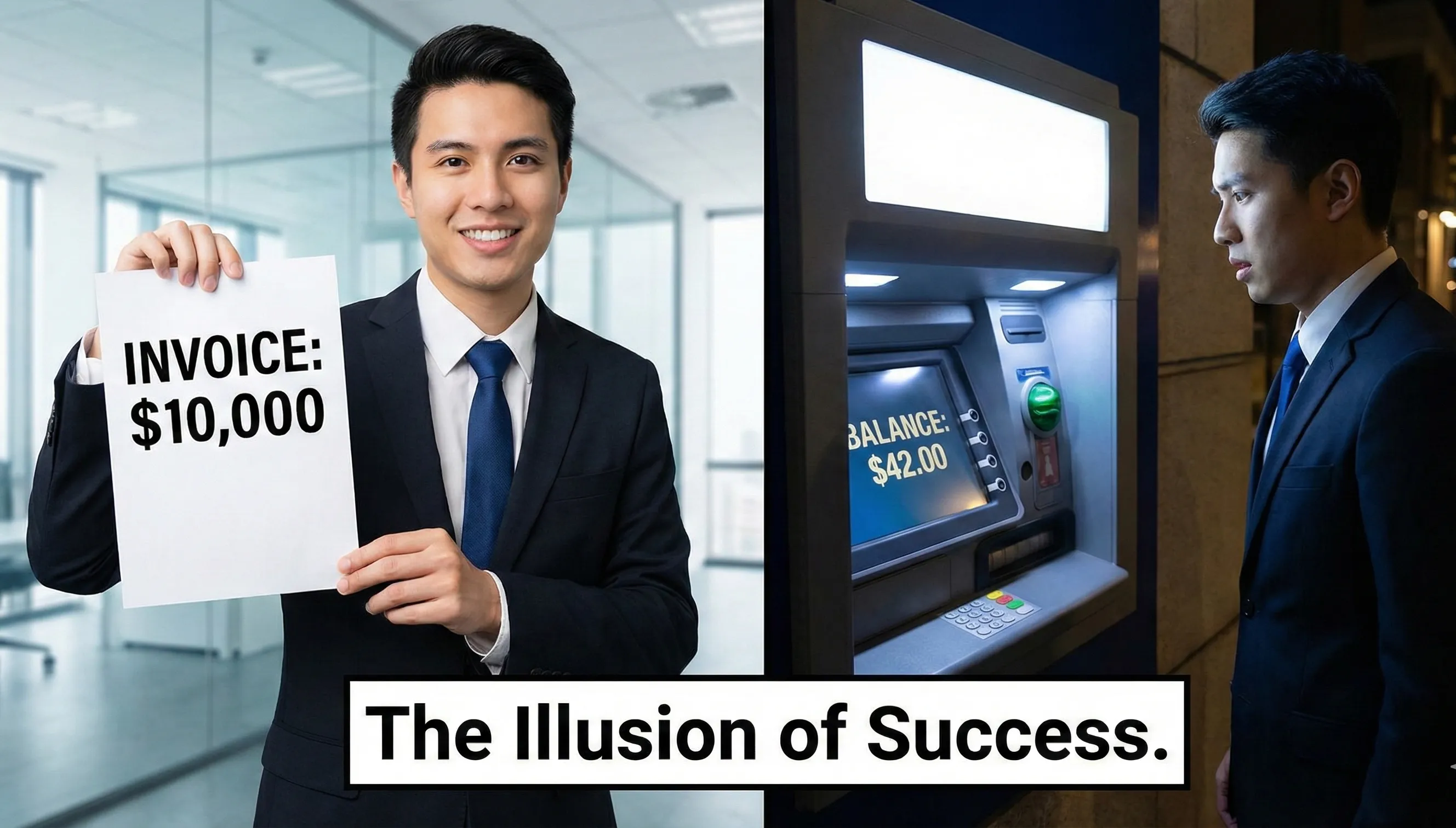A split image. Left side: A person in a suit looking confident holding a paper that says "Invoice: $10,000". Right side: The same person looking stressed at an ATM screen that says "Balance: $42.00". Caption: The Illusion of Success.