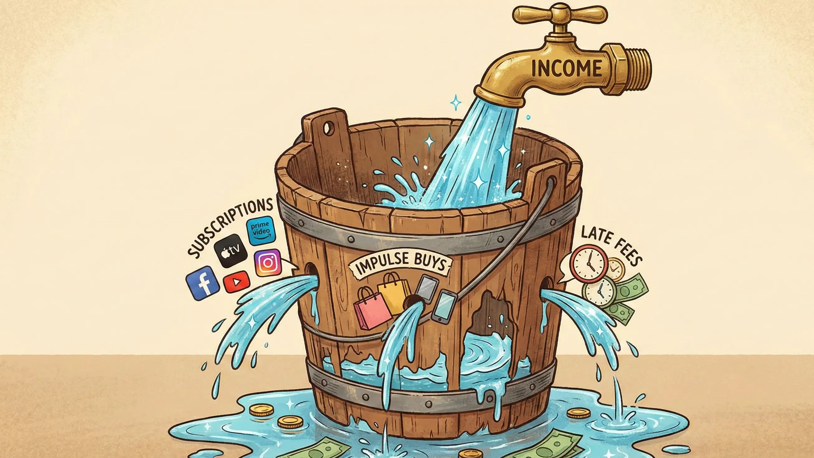 An illustration of a bucket being filled with water (Income). The bucket has several holes labeled "Subscriptions", "Impulse Buys", "Late Fees". The water level remains low despite the tap being fully open.